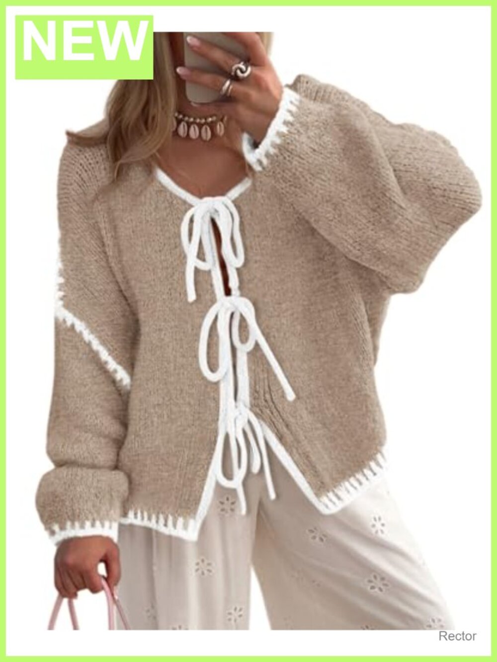 Tie Front Bow Cardigan Sweater Puff Sleeve Cable Knit